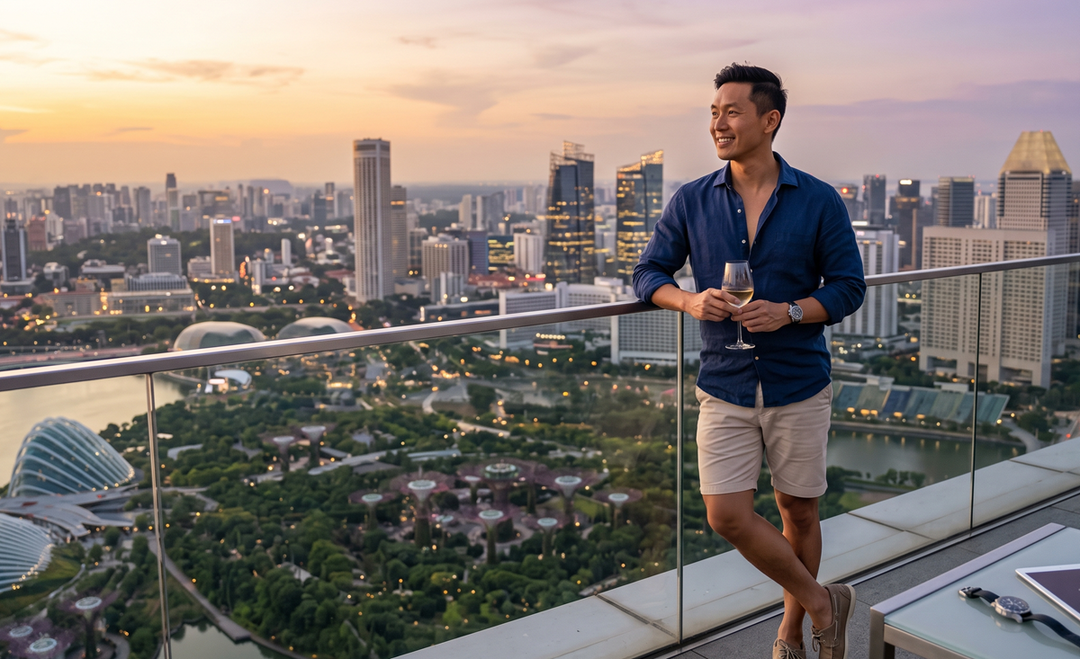 A man enjoying a drink on a rooftop overlooking Singapore's city skyline during sunset, with tall buildings and lush greenery below.