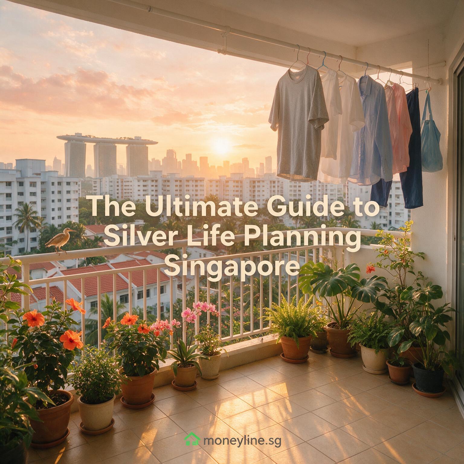 Balcony overlooking Singapore city skyline with laundry hanging and potted plants, during sunset.