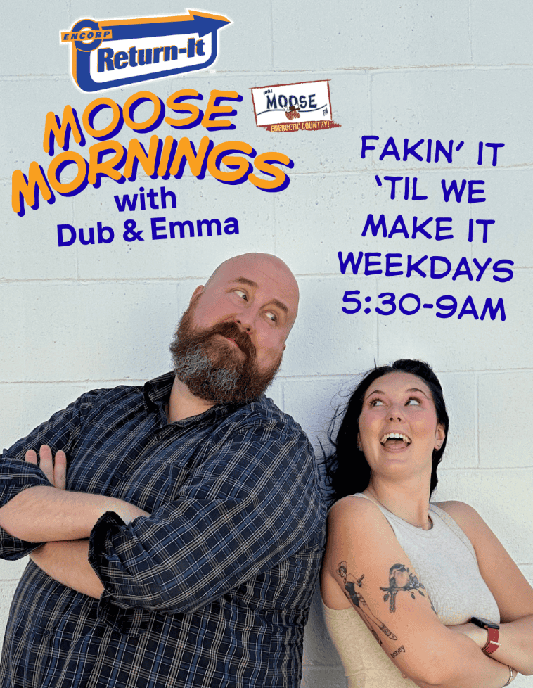 Moose Morning radio show promotional poster with Dub & Emma, energetic hosts on a white brick wall background.
