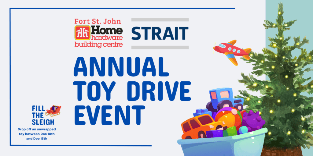 Moosemedia toy drive event Christmas tree with toys and sleigh toys fill the sleigh for charity donation.