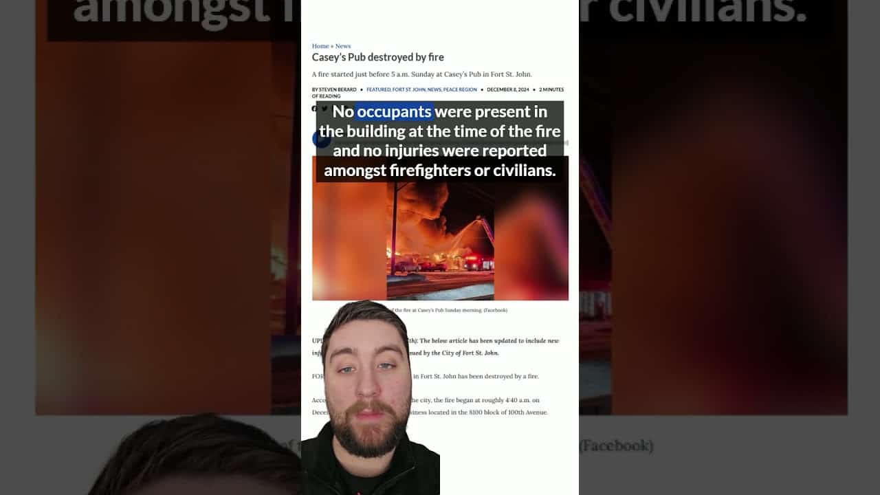 Fire damage at Casey’s Pub fire scene in Fort St. John, fire emergency response and firefighting efforts.