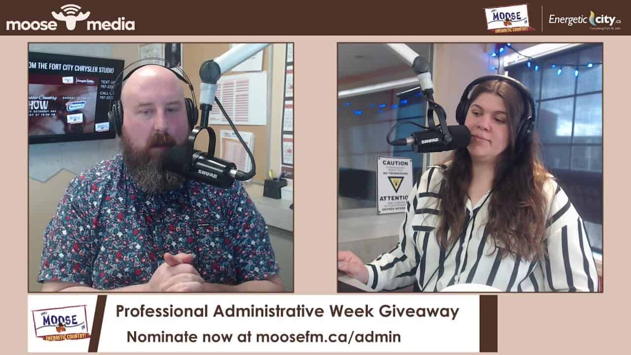 Professional administrative week giveaway announcement with two hosts in a radio studio.