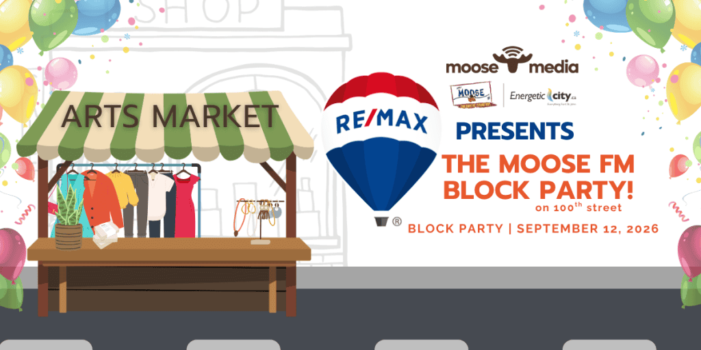 Colorful art market with balloons and clothing stall for Moose FM Block Party.