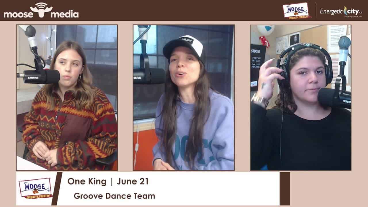 Young women hosting a radio show for Moose Media featuring Groove Dance Team, June 21.