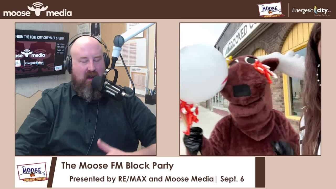 Microphone and radio host at Moose Media studio for Moose FM broadcast.