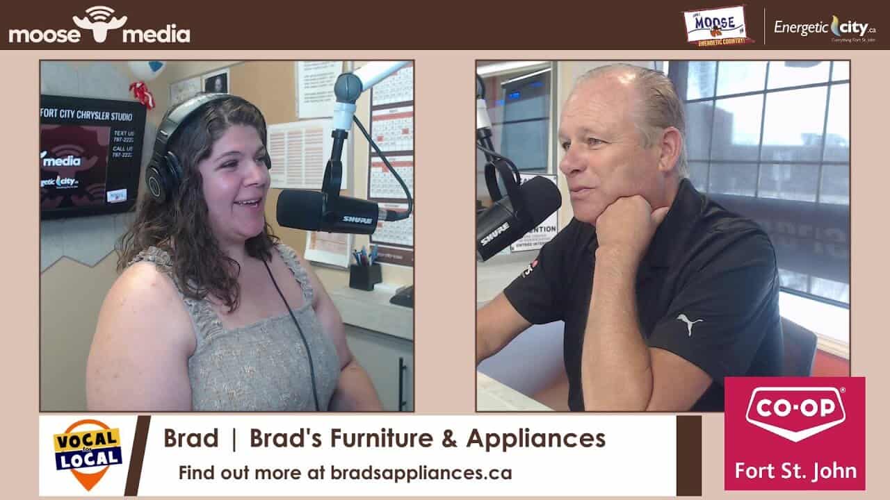 Interview of young woman and older man in radio studio for Moose Media local advertisement.