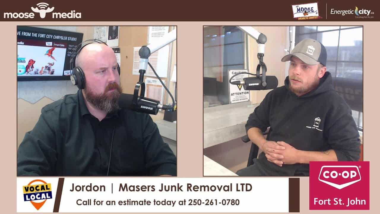 Professional radio interview at Moose Media studio in Fort St. John, featuring local business owner Jordon from Masers Junk Removal LTD.