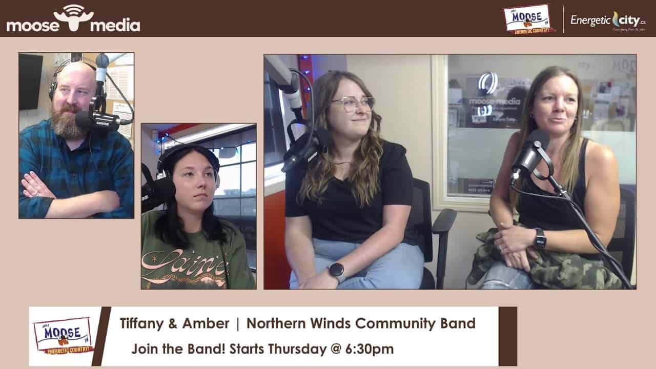 Radio interview with Northern Winds Community Band members Tiffany and Amber at Moose Media FSJ, promoting band participation.