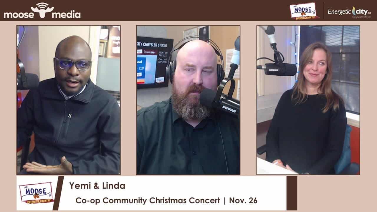 Diverse radio hosts during a community Christmas concert on MooseMedia FSJ platform.