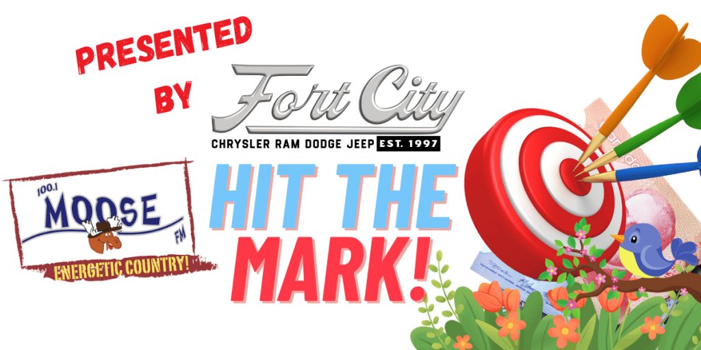 Moose FM's Hit the Mark event with colorful darts hitting a target.