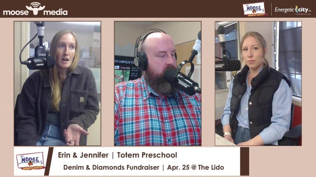 Erin, Jennifer, and a man speaking into microphones at Totem Preschool's fundraiser event.