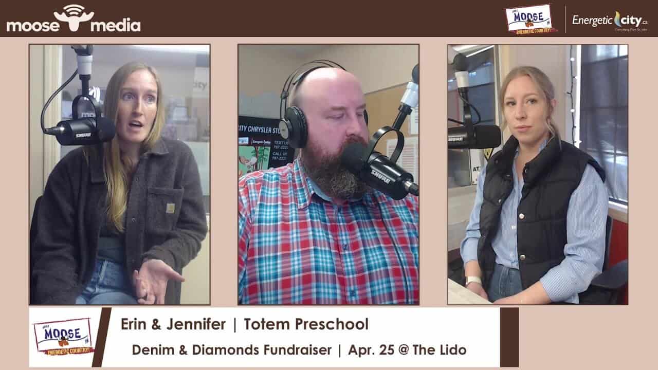 Erin, Jennifer, and a man speaking into microphones at Totem Preschool's fundraiser event.