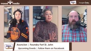 Radio hosts discussing upcoming community events at Foundry Fort St. John.