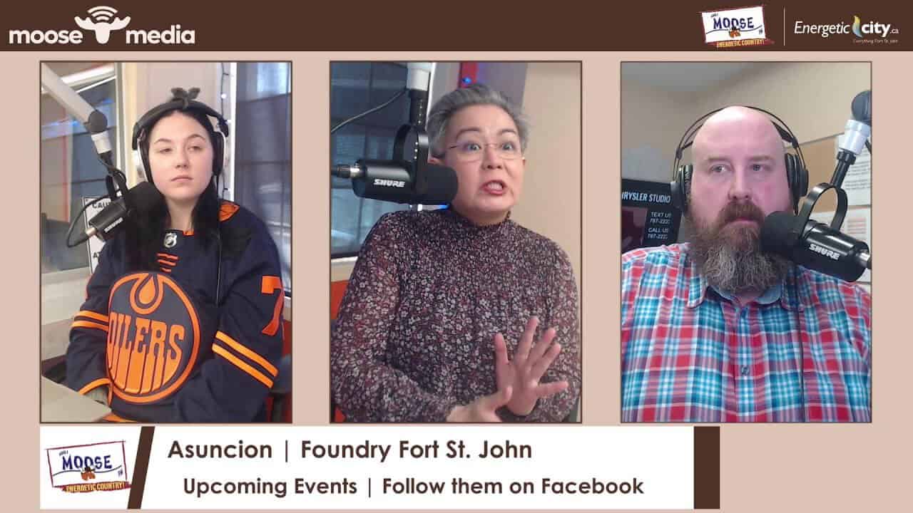 Radio hosts discussing upcoming community events at Foundry Fort St. John.