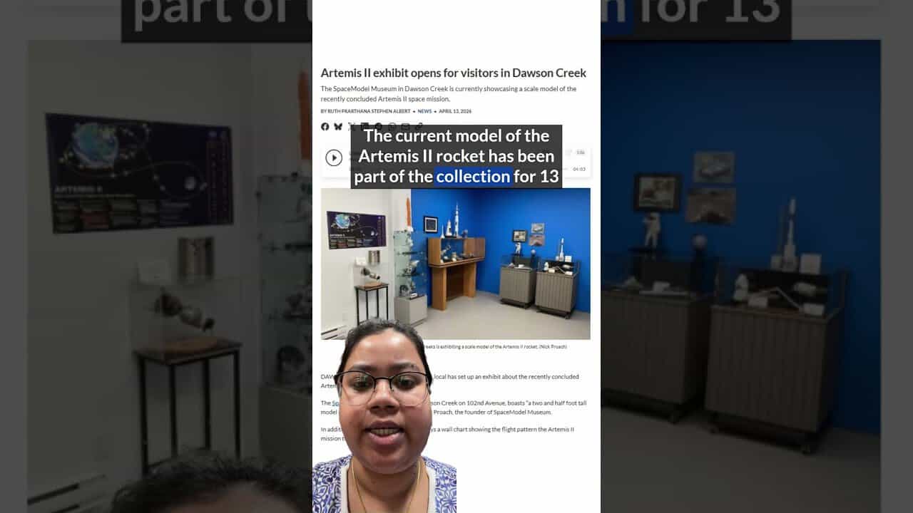 Artemis II rocket model on display at Dawson Creek exhibit for visitors.