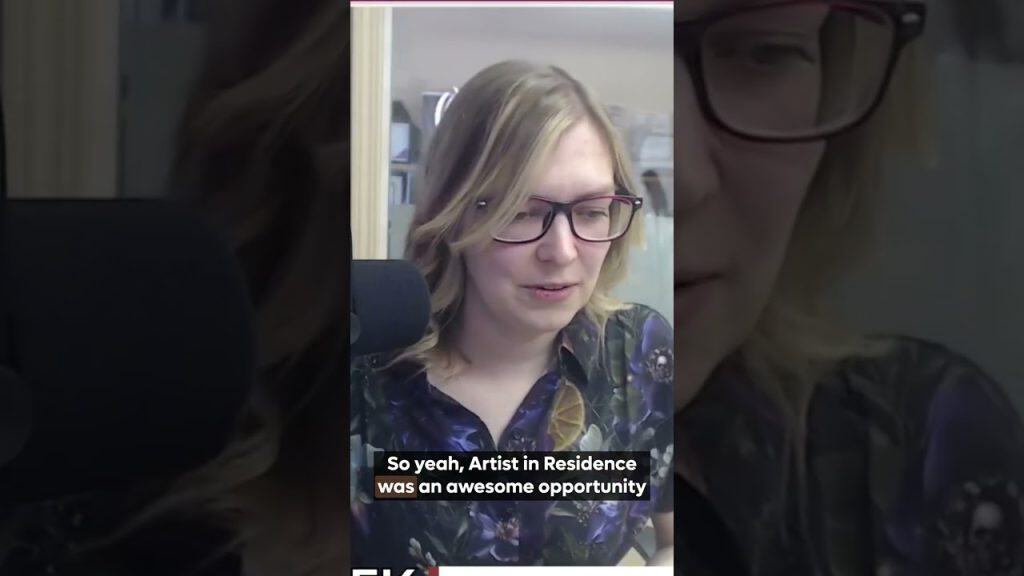 Artist Celina Forbes speaking during a residency at MooseMedia in FSJ.