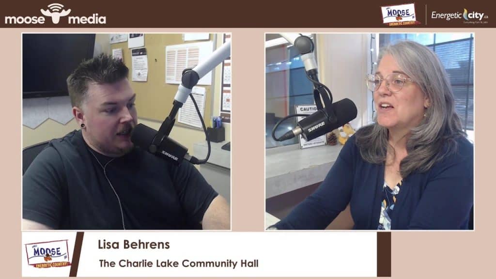 Radio interview at Charlie Lake Community Hall with MooseMedia team.