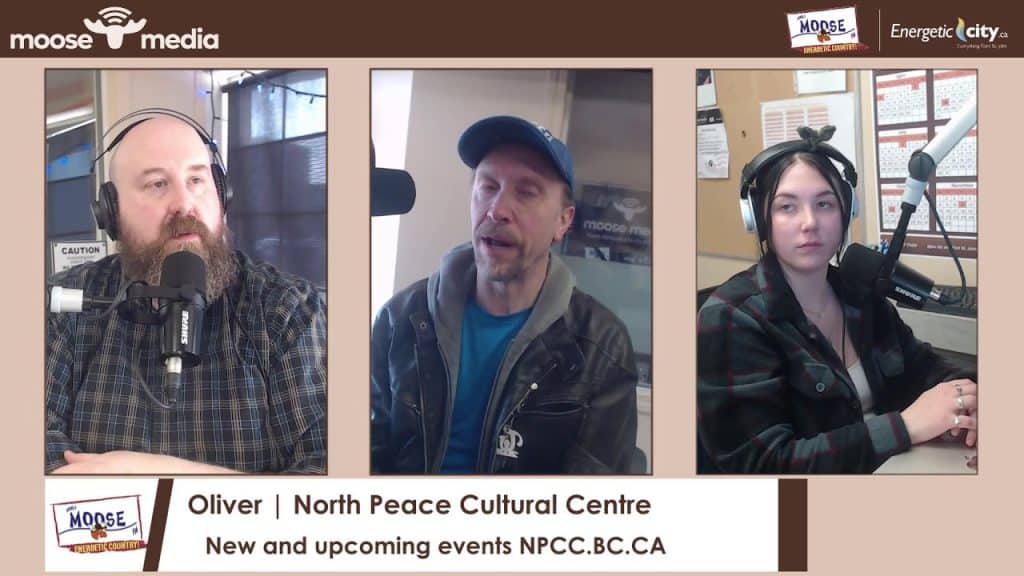 Oliver recording podcast at MooseMedia studio in North Peace Cultural Centre.