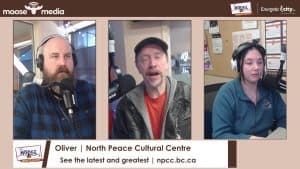 Three people recording a podcast at North Peace Cultural Centre.