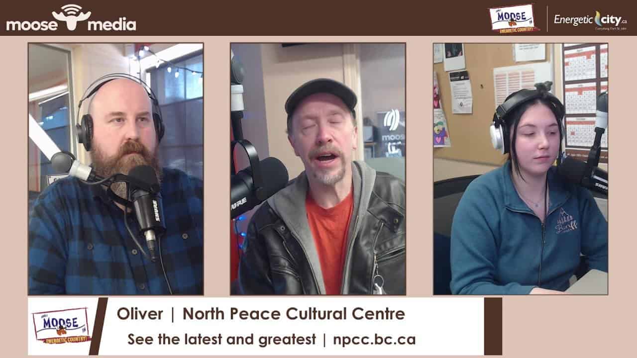 Three people recording a podcast at North Peace Cultural Centre.