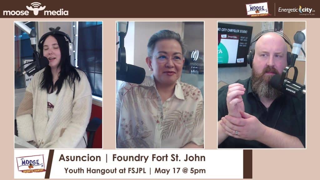 Three people speaking into microphones during Foundry Fort St. John event.