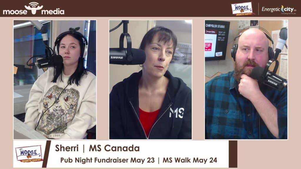 Radio hosts recording at MooseMedia studio in FSJ.