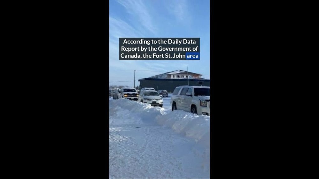 Snow-covered road in Fort St. John with government report overlay.