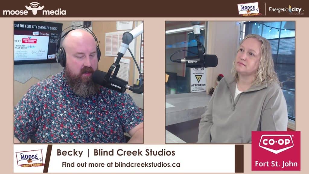 Podcast recording session at MooseMedia with two hosts in studio.