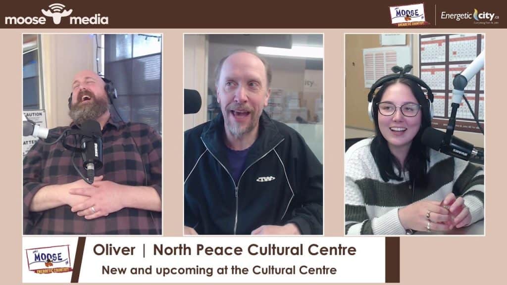 Podcast recording session at North Peace Cultural Centre with three hosts.