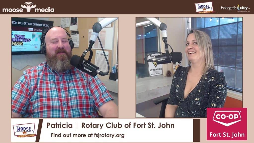 Radio hosts Patricia and a female guest during a live broadcast at MooseMedia studio in Fort St. Joh.