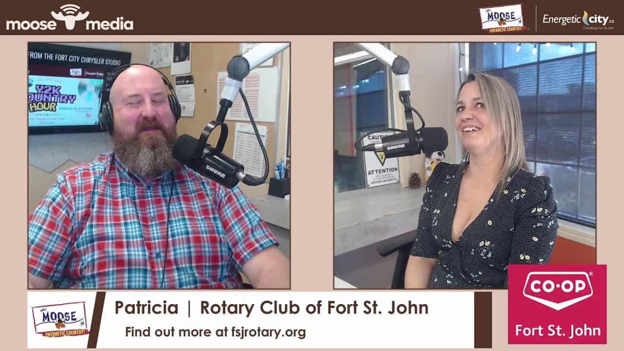Radio hosts Patricia and a female guest during a live broadcast at MooseMedia studio in Fort St. Joh.