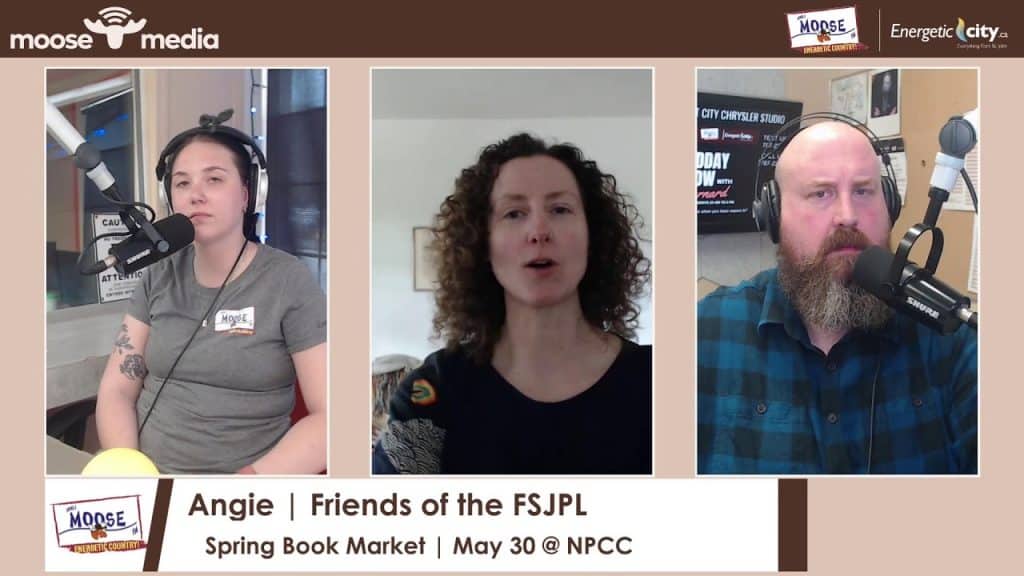 MooseMedia podcast hosts recording at NPCC studio for Friends of the FSJPL.