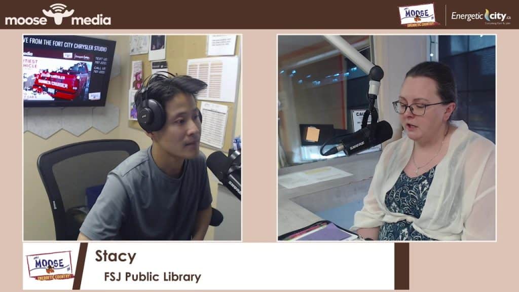 Two people recording a radio interview at FSJ Public Library studio.