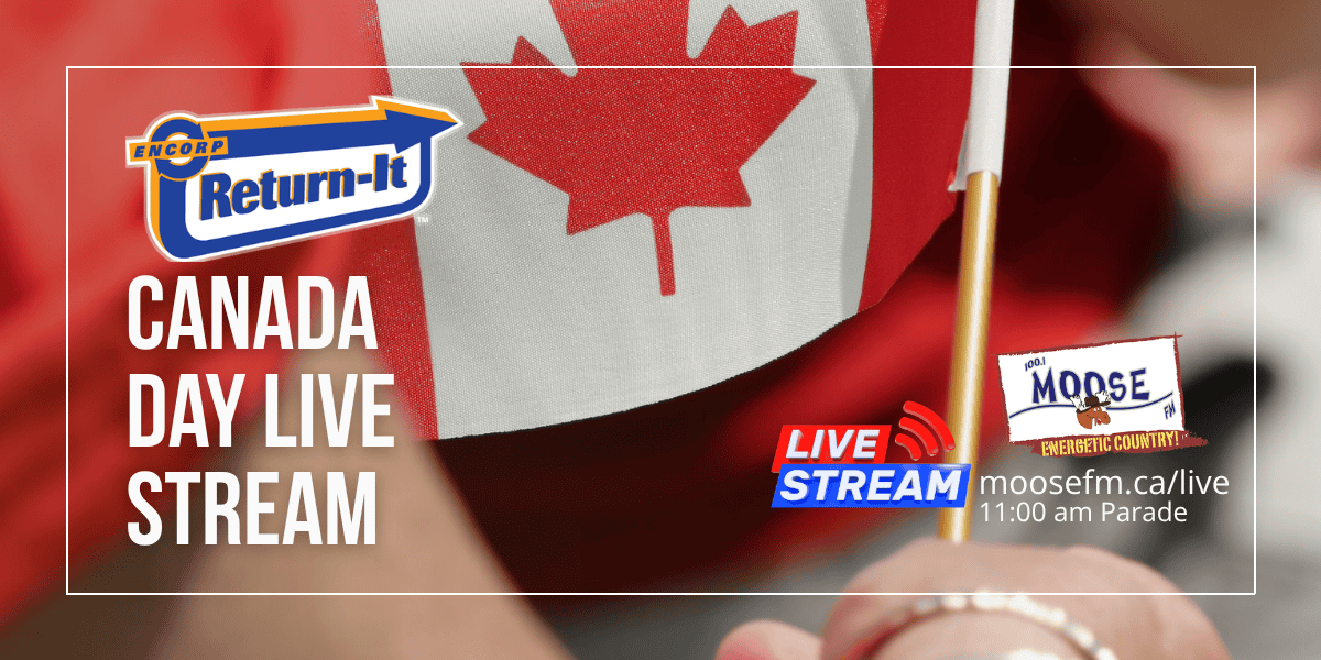 Canadian flag with MooseMedia logo for Canada Day live stream event.