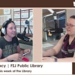 Two women in a radio studio during a library interview.