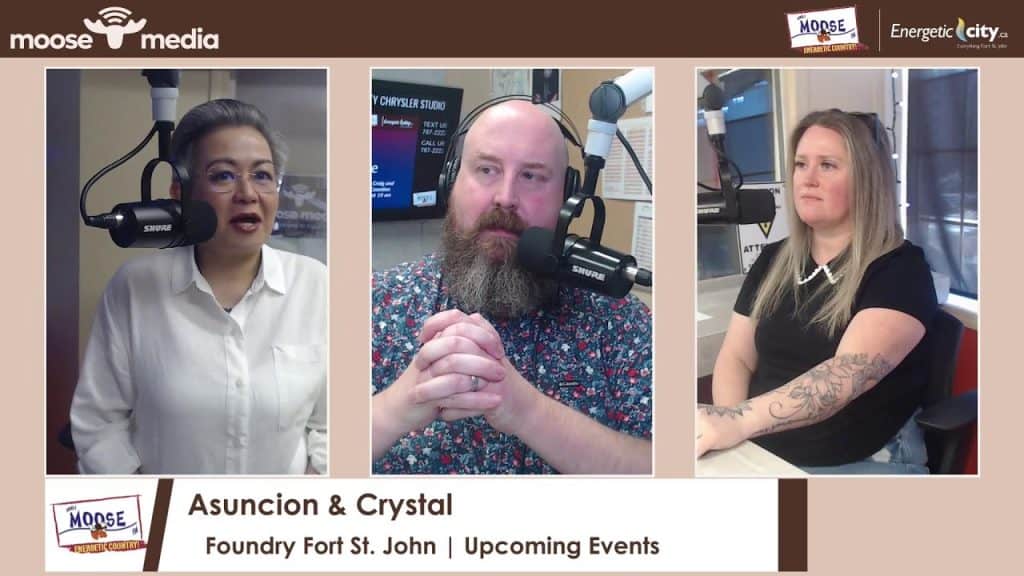 Radio hosts discussing upcoming events at MooseMedia studio.