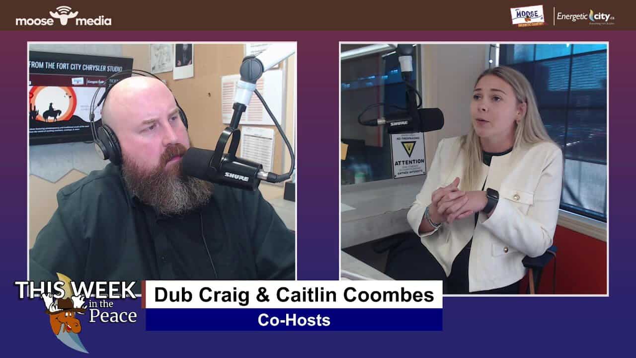 Radio hosts Dub Craig and Caitlin Coombes during a broadcast at MooseMedia.