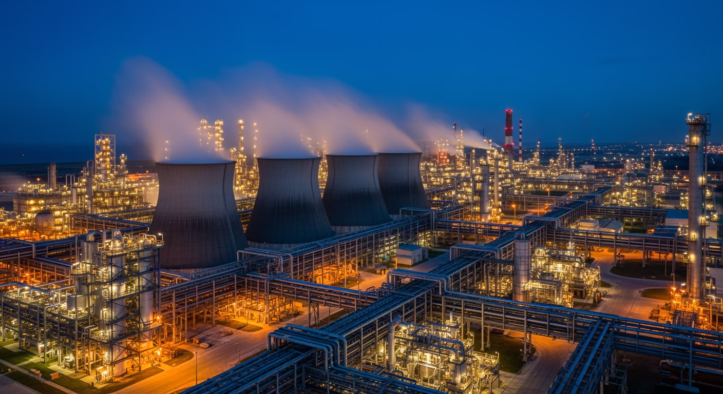 Occidental Petroleum stock industrial processing facility with steam and amber floodlights at dusk