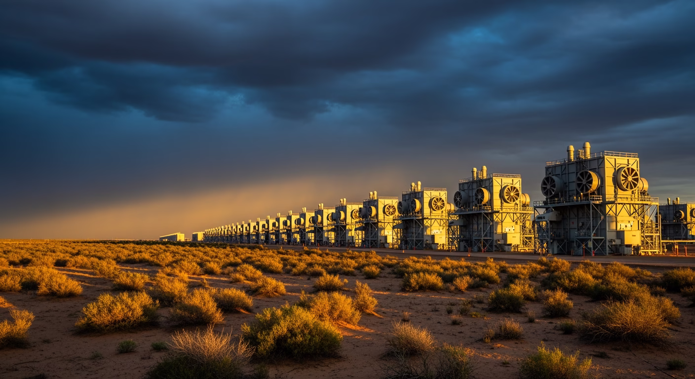 Occidental Petroleum stock carbon capture storage vessels and infrastructure across desert landscape