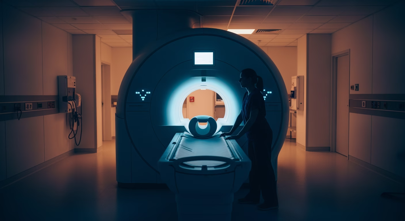 GEHC stock analysis MRI scanner room in modern hospital radiology suite