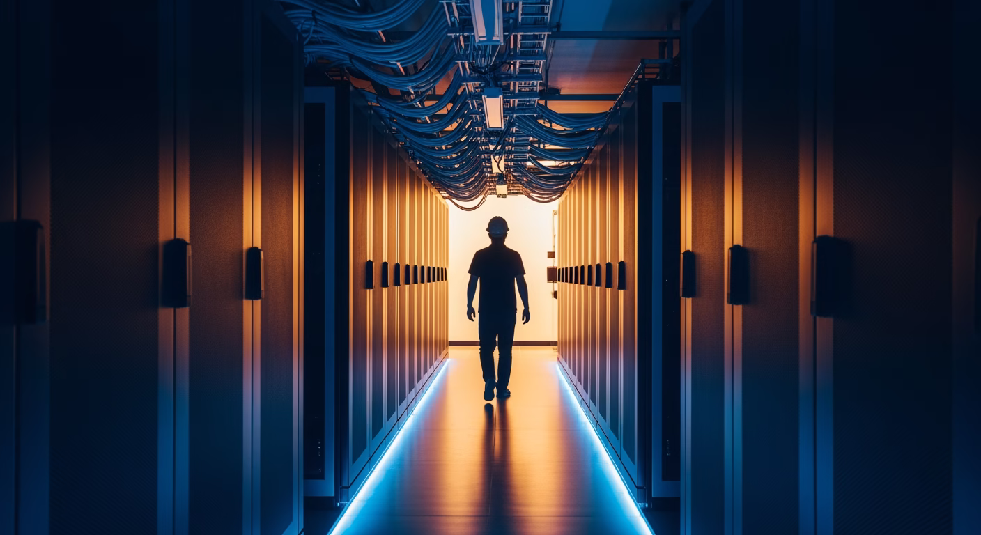 FinVolution stock analysis examines a modern data center server hall under cool lighting