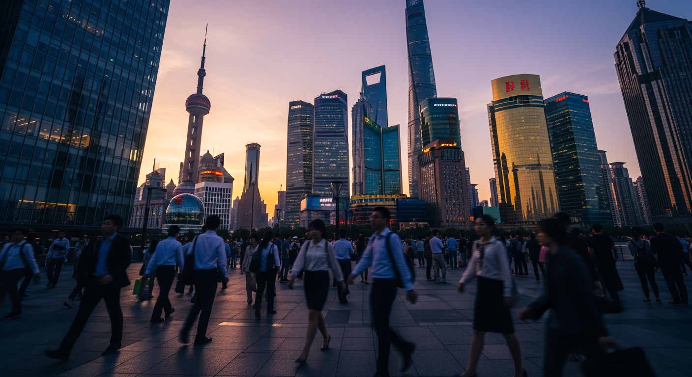 FinVolution stock analysis shows a busy Shanghai financial district at dusk