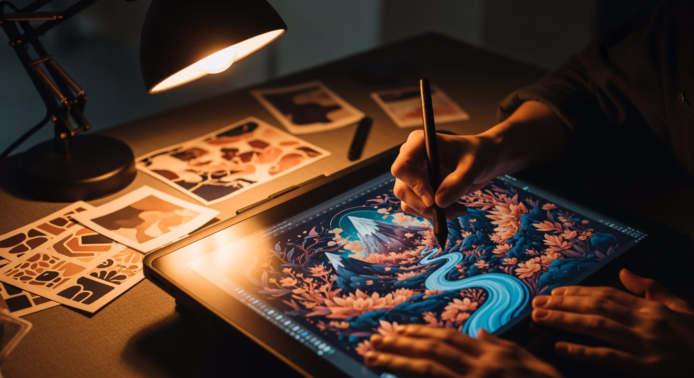 Adobe stock analysis at a creative studio workstation with editing software