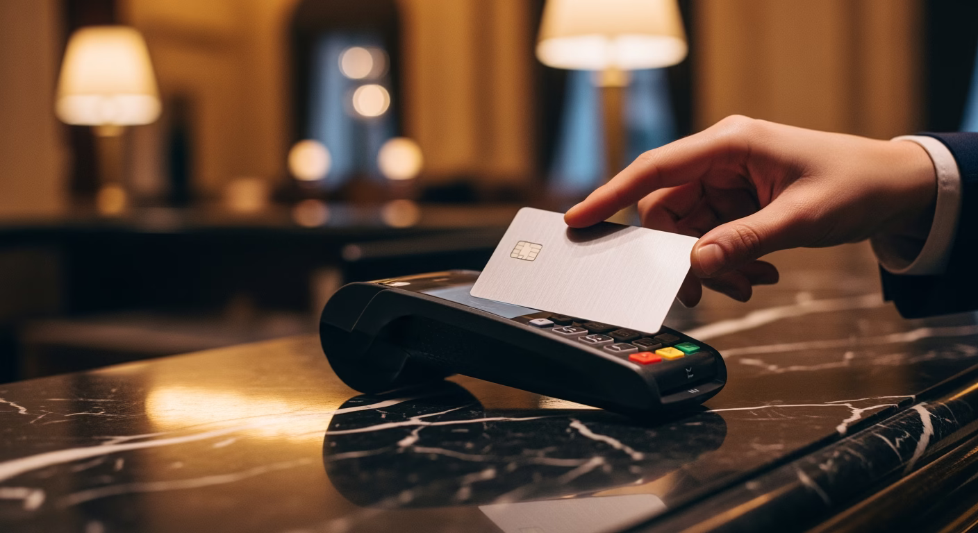 American Express stock premium card holder paying at a luxury hotel front desk