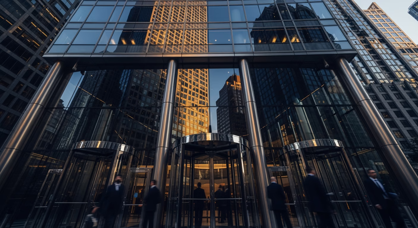 American Express stock corporate headquarters office tower in lower Manhattan at dawn