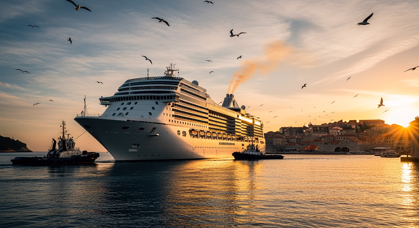 Carnival stock analysis cruise ship departing port at golden hour
