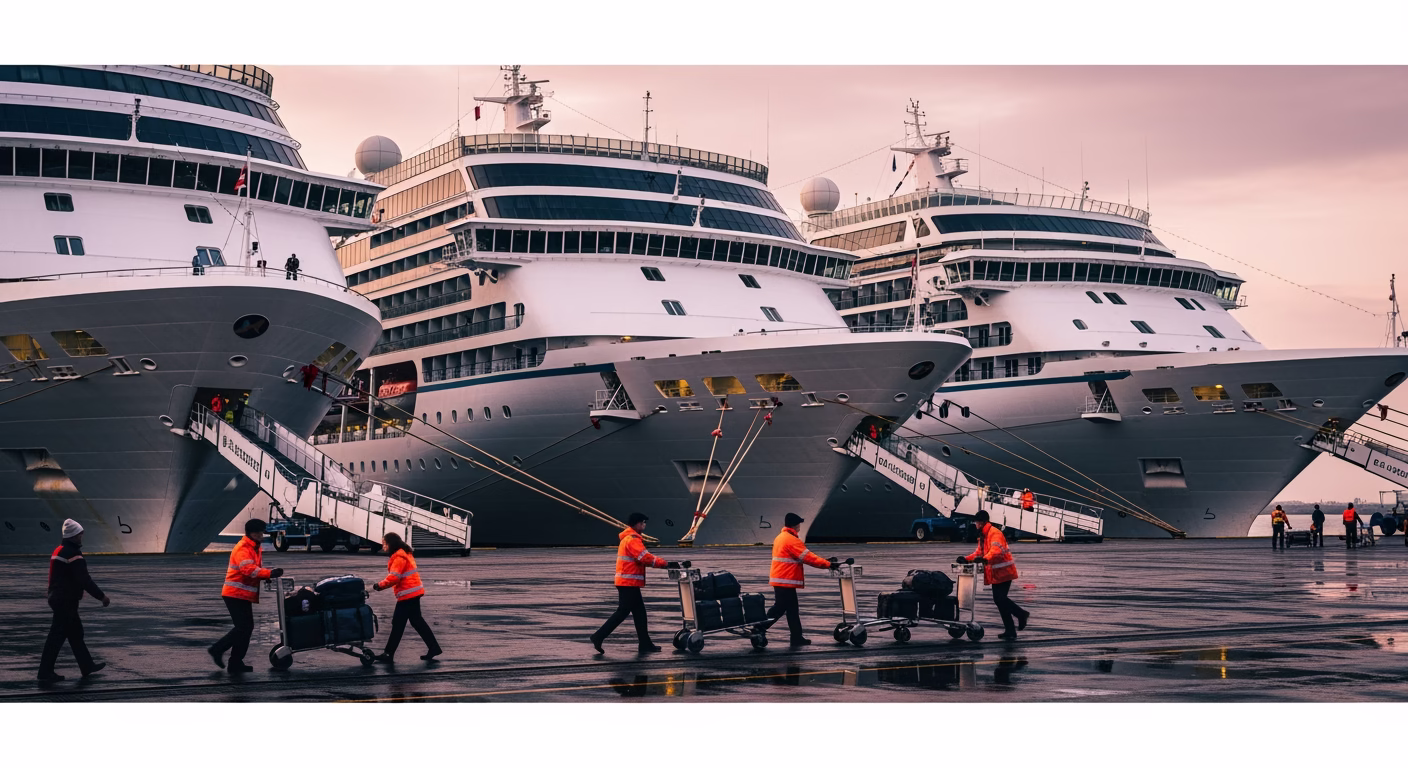 Carnival stock analysis fleet of cruise ships docked at a busy terminal