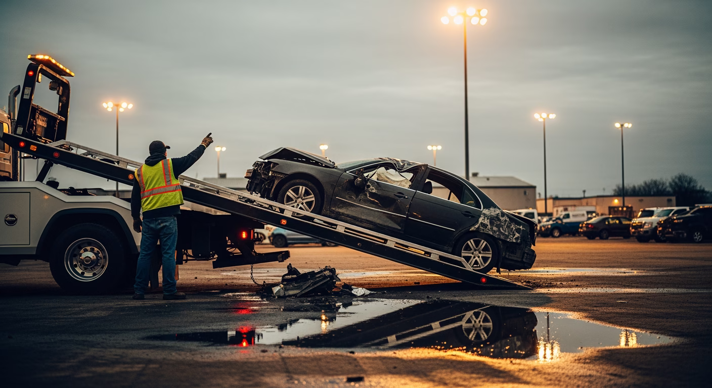 Copart stock analysis fleet of towed total-loss vehicles arriving at processing facility