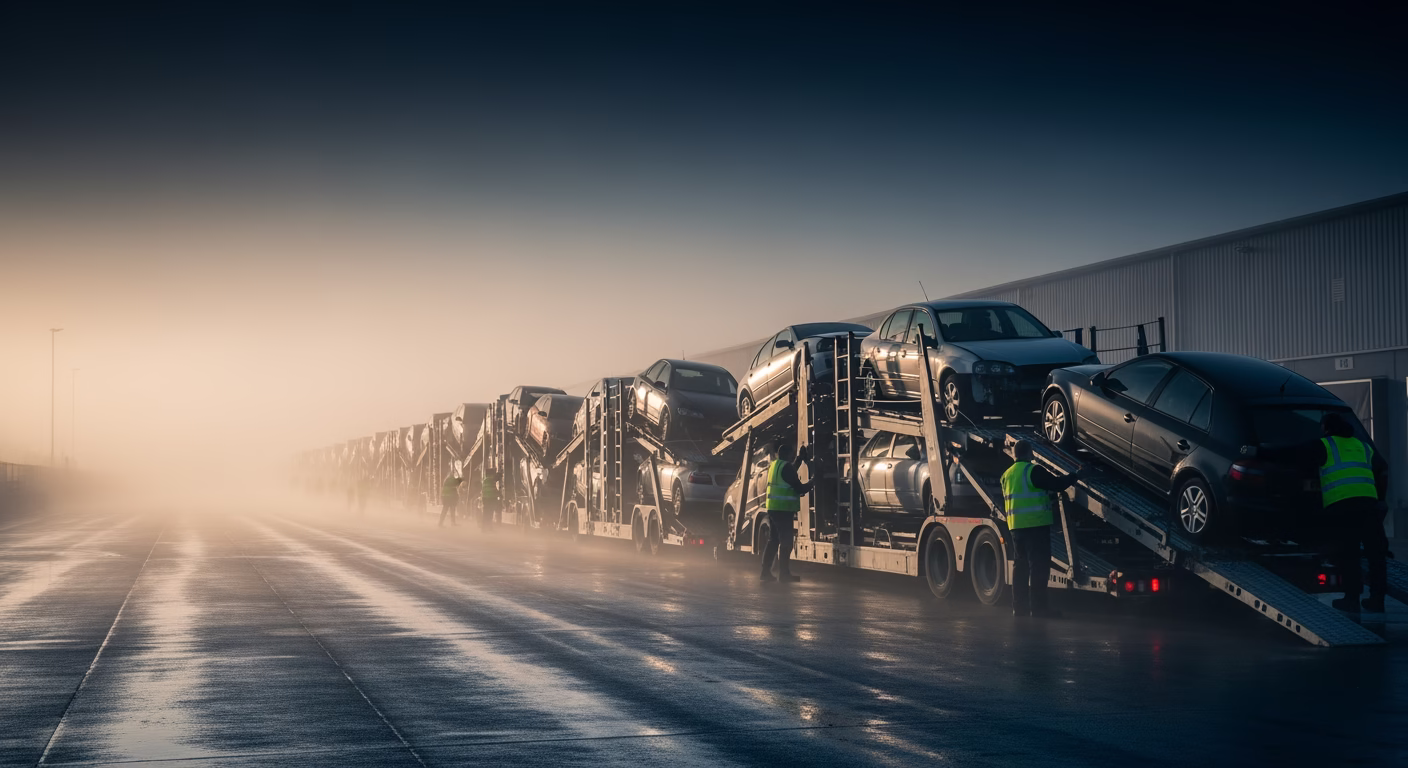 Copart stock analysis logistics yard with transport trailers loading recovered vehicles