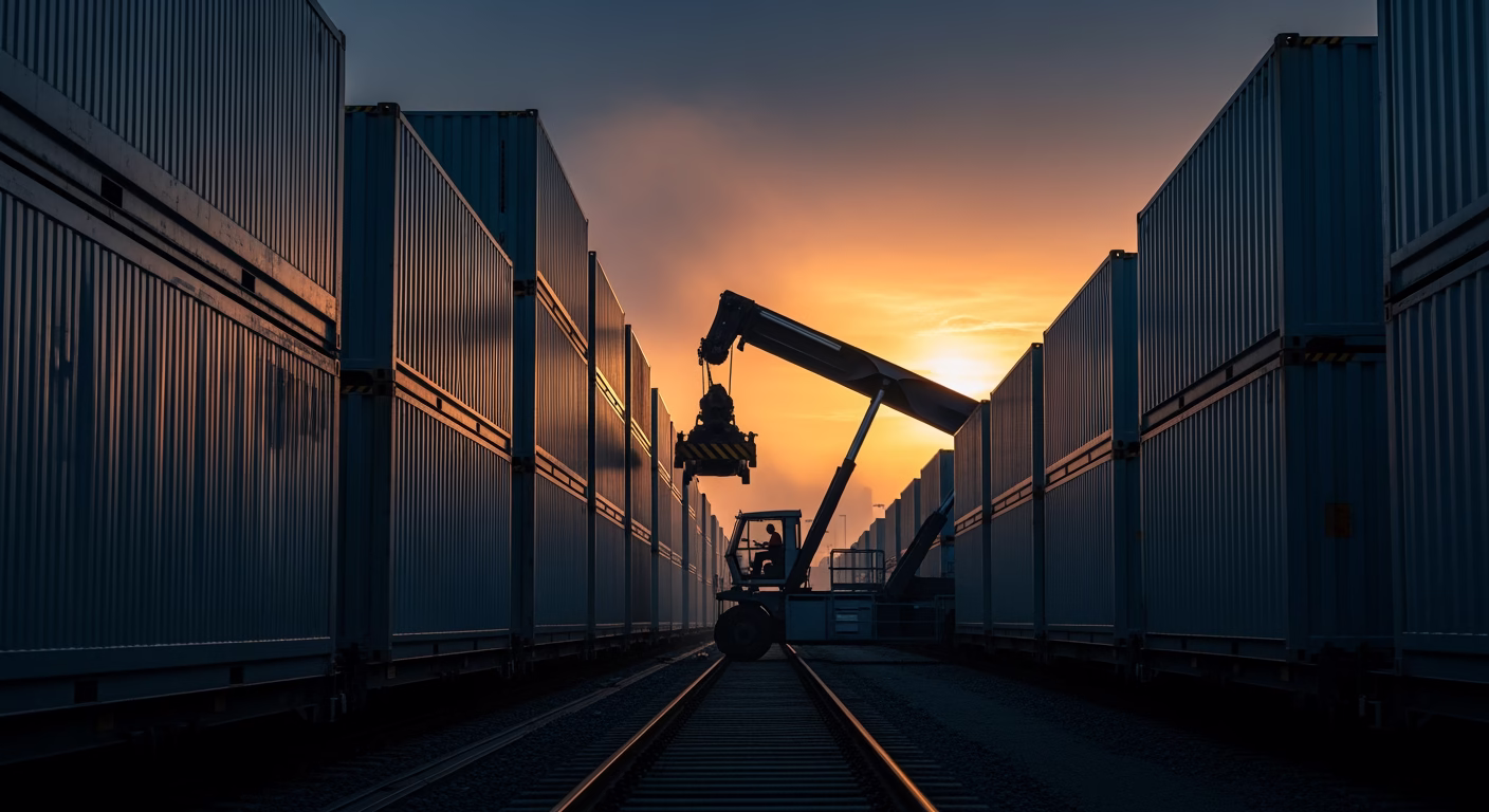 FedEx stock analysis freight containers stacked at an intermodal logistics terminal at sunrise